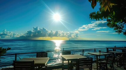 sunrise, light is  reflection, bay, view from the tarace of the of  a river pier 