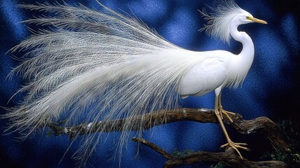   A white bird perched atop a tree branch adjacent to another with a bird sitting on its top