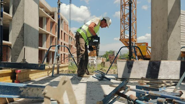 Construction Worker Using Power Tool on Site. A construction worker operates a power tool while working on an outdoor construction site.