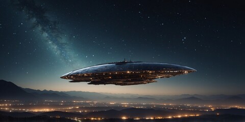 Obraz premium Mysterious spaceship hovering over night earth landscape.