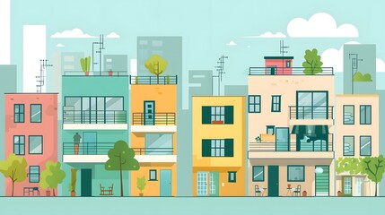 Modern Cityscape with Colorful Buildings and Balcony View