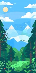 Flat Design Illustration of Mountains and Forest