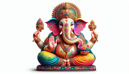 colorful indian hindu religion god ganesh or ganesha idol for offering prayers during hindu festival Ganesh chathurthi,wedding,hindu ceremony,opening ceremony,good luck, invitation,white background