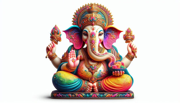 colorful indian hindu religion god ganesh or ganesha idol for offering prayers during hindu festival Ganesh chathurthi,wedding,hindu ceremony,opening ceremony,good luck, invitation,white background