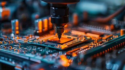 Macro of microchip on circuit board in electronics manufacturing
