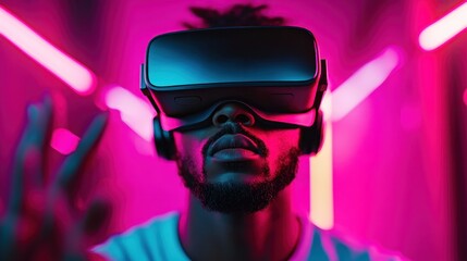 A person submerged in a VR environment, highlighted by radiant neon colors and pushing the boundaries of digital reality, demonstrating the future of interactive technology.
