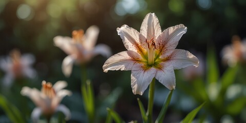 Fototapeta premium Serene beauty of a blooming lily in a tranquil garden.