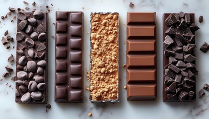 Obraz premium Four chocolate bars with various toppings, displayed on a white marble background.