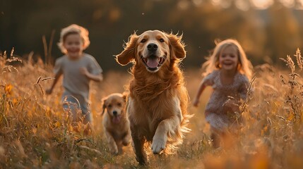 Golden Retriever Running with Children in Field at Sunset