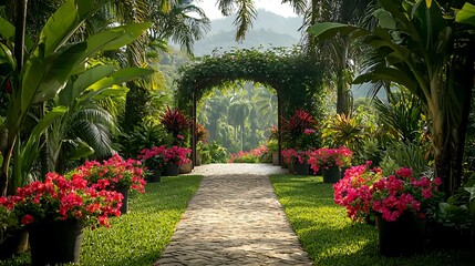 Stone Path Through Tropical Garden with Pink Flowers and Wooden Arch