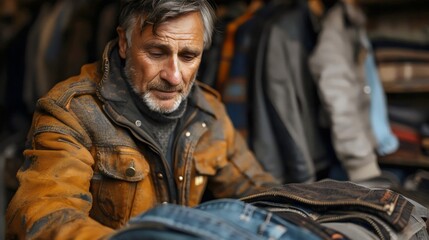 Fototapeta premium A man is sitting on the floor looking at a pile of jeans