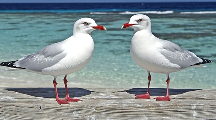 Obraz premium A few birds perched atop a wooden table near a waterbody with a boat in the backdrop