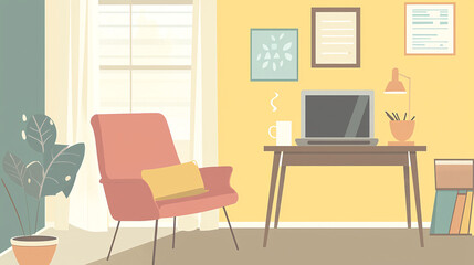 Fototapeta premium Work in a calm atmosphere in a minimalist office room with a comfy chair, a laptop, and a coffee mug on the work desk, while listening to relaxing lo-fi music 