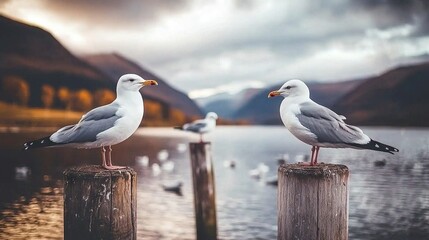   Two seagulls perch atop a wooden post by a body of water with distant mountain ranges