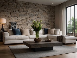 A cozy living room featuring a white couch, stone wall, and two vases on a coffee table.