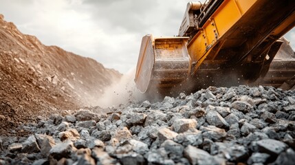 A large digger actively moves rocks within an open-pit mining site, illustrating the intense labor and technological prowess required for mineral extraction.