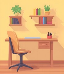 Modern Home Office Desk with Chair, Bookshelves and Plants