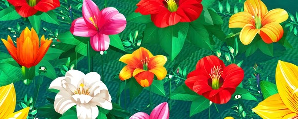 Fototapeta premium Vibrant floral pattern with a variety of colorful flowers against a lush green background