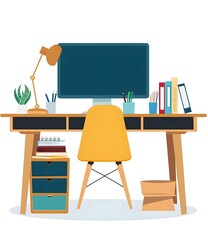 Minimalist Desk Setup with Yellow Chair and Desk Lamp