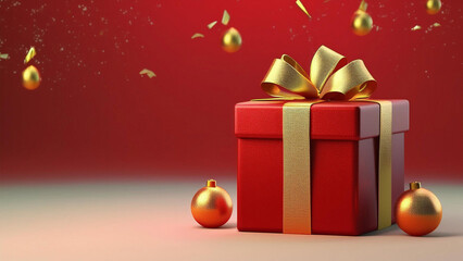 Um pequeno gift box, vermelho com laço dourado fundo vermelho com  pequenos enfeites natalinos flutuando. Espaço para escrita .Render 3. Cartão de natal, natalino. 