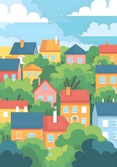 Colorful Houses and Trees Illustration