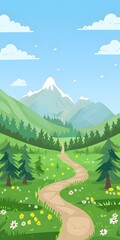 Fototapeta premium Winding Path Through Green Meadows and Mountains