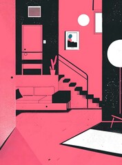 Fototapeta premium Modern Minimalist Interior Design Illustration With Pink and Black Color Scheme