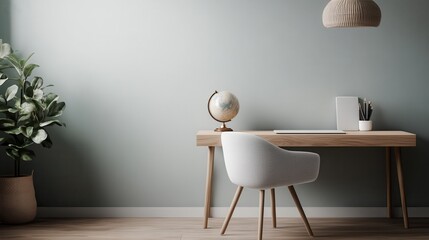 A clean and minimalistic home office setup featuring a globe, a stylish chair, and wooden desk with decor elements, creating an inviting and productive workspace.