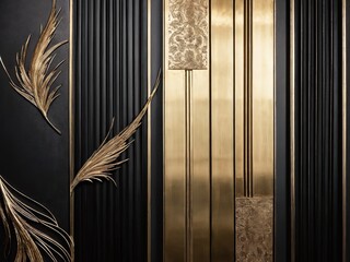 Elegant black and gold wall decor featuring intricate patterns and textures in a modern interior design setting