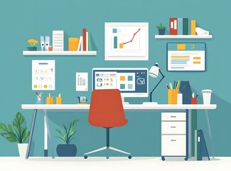 Modern Workplace Illustration Featuring a Desk with a Computer and Office Supplies
