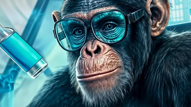 Chimpanzee in laboratory glasses examines a blue vial in a high-tech research facility