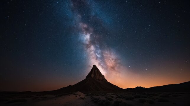 The Milky Way galaxy is beautifully showcased over a solitary desert mountain, creating an awe-inspiring and tranquil depiction of the night sky and natural wonder.