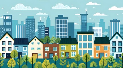 Obraz premium Colorful Cityscape Illustration with Buildings and Trees