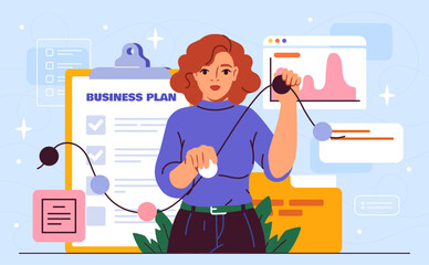 Successful business plan. Young girl with tasks and goals. Planning and scheduling. Ambitious entrepreneur develops strategy to achieve financial goals. Flat vector illustration