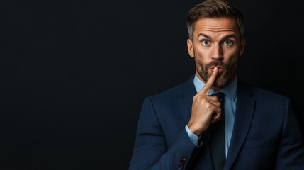 A businessman in a suit making a shushing gesture with his finger on lips, symbolizing secrecy, discretion, or confidentiality.
