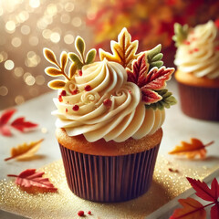 Creamy muffin decorated with autumn leaves candy on bokeh background, close-up, macro,	