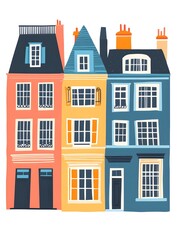 Fototapeta premium Colorful Illustration of Three Houses with Windows and Doors