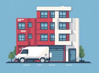 Fototapeta premium Modern Building Illustration With Van