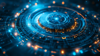 Futuristic Digital Interface, Abstract Background. Technology, Business, Finance, Science. High Tech Holographic Virtual Display, Intuitive User Experience, Data Analysis, Innovation, Work, Success