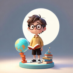 boy readings books with cute cartoon illustration style