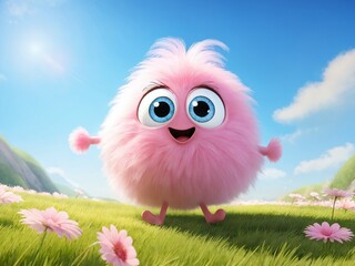 Obraz premium A fluffy pink character enjoys a sunny day surrounded by vibrant flowers in a picturesque landscape