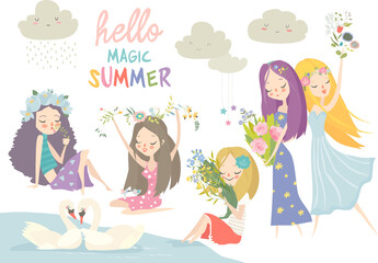 Collection of beautiful girls with summer flowers