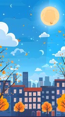 Cartoon Illustration of Cityscape with Autumn Trees and Full Moon in the Sky