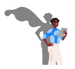 Businessperson at work. Businessman with tablet and superhero shadow. Leadership and motivation. Sticker for social networks. Flat vector illustration isolated on white background