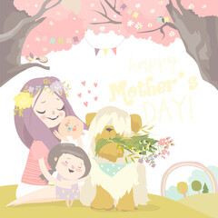 Fototapeta premium Happy woman and children in the blooming spring garden