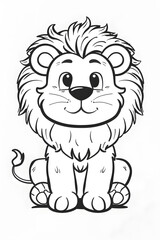 The charming black and white illustration showcases an adorable cartoon lion with a full mane, suitable for childrens literature, coloring sheets, and educational materials