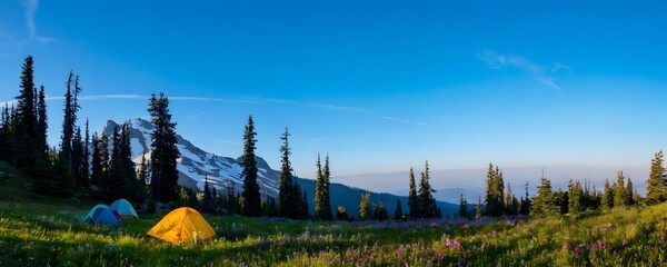 Fototapeta premium Scenic camping in a vibrant meadow surrounded by mountains during a clear blue sky in the early morning light