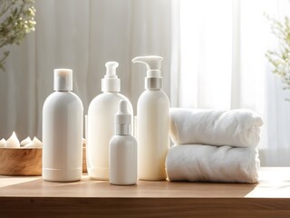 Elegant arrangement of skincare products and soft towels on wooden table bathed in natural light during a morning setting