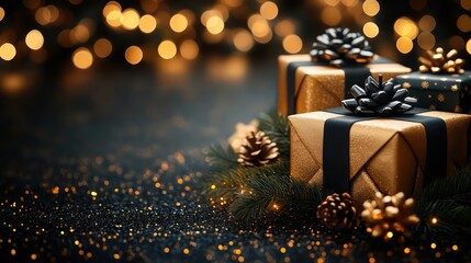 Christmas black and gold glitter background with gift box, happy New Year.