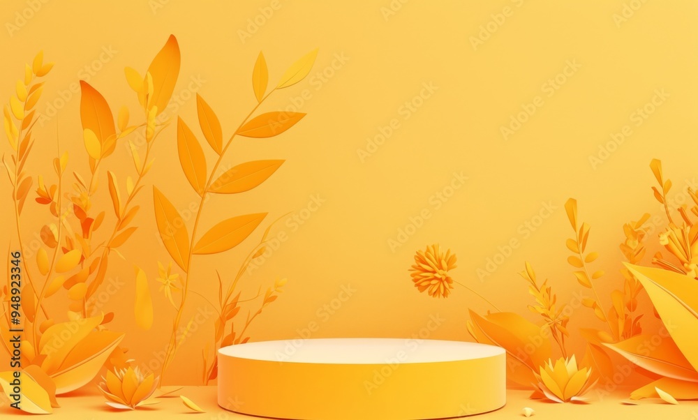 Wall mural 3d podium vector mockup with orange background for product presentation